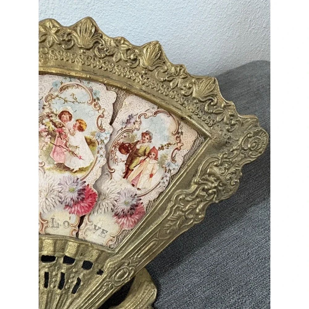 Antique Brass Fan Picture Frame With Felt Lined Stand, Art Nouveau Vanity Frame